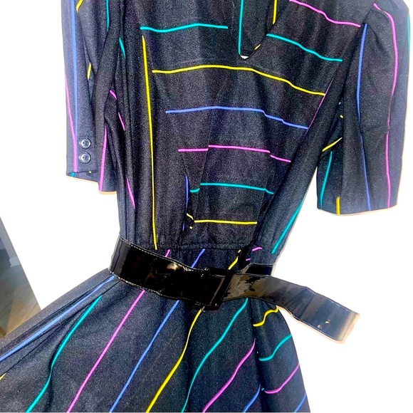 Vintage Rainbow Striped Sally Lou Day Dress Belted Large - Picture 1 of 9
